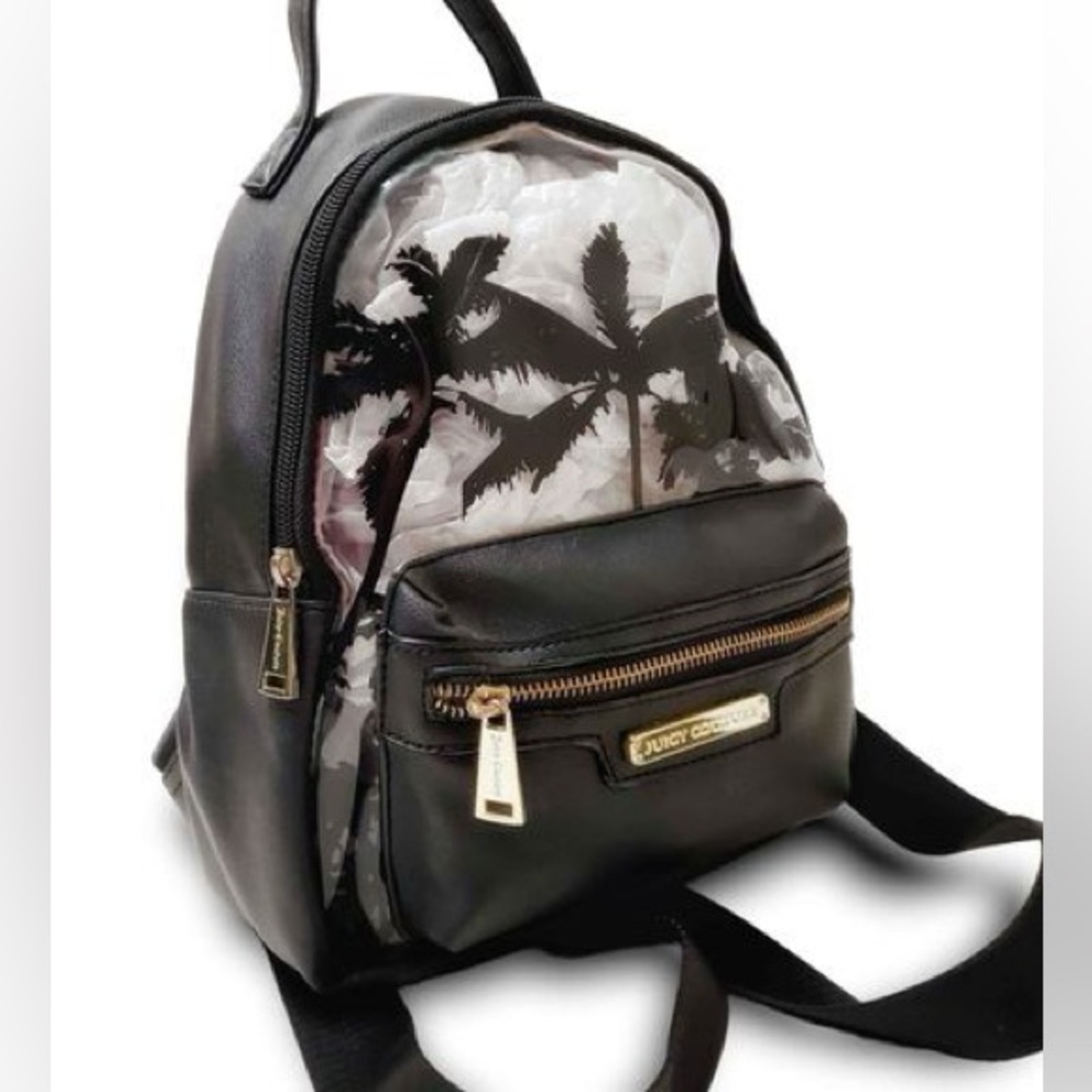 Juicy Couture Black Faux Leather Backpack Pastel Sunset Palm Tree Retro Design